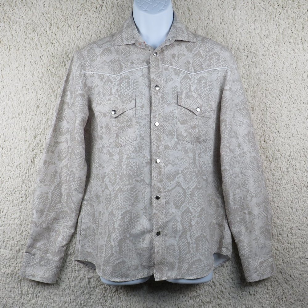 TALLIA* Men's Long Sleeve Snap Down Curved Hem Snakeskin Print Shirt~Size Medium
